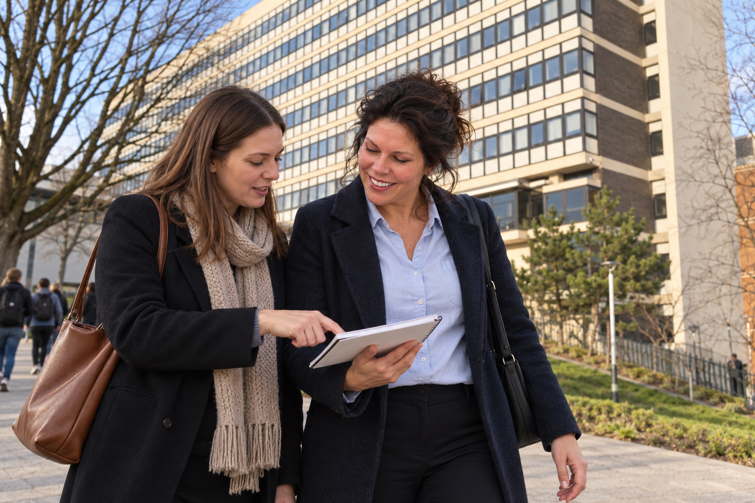Lyd discussing notes with a colleague on campus