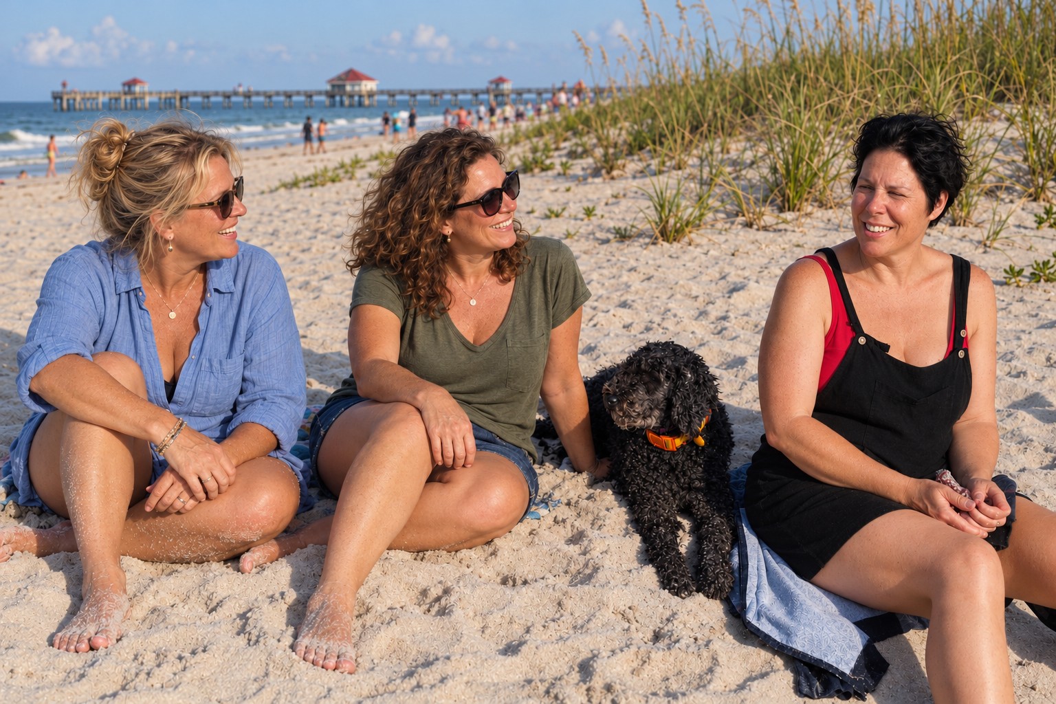 AI beach scene of Lyd with short hair sitting with Daisy and two adult companions at Clearwater