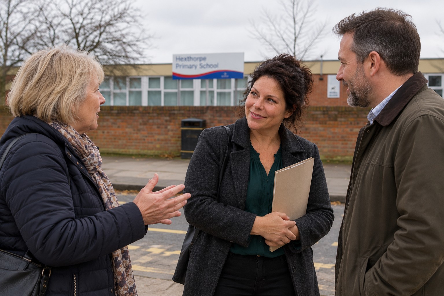 AI scene of Lyd with longer hair talking with two adults outside Hexthorpe Primary School