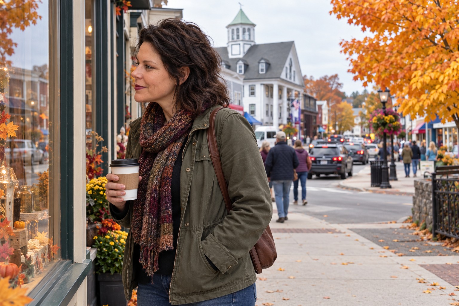 AI scene of Lyd with shoulder-length hair looking into a shop window on Main Street in Littleton
