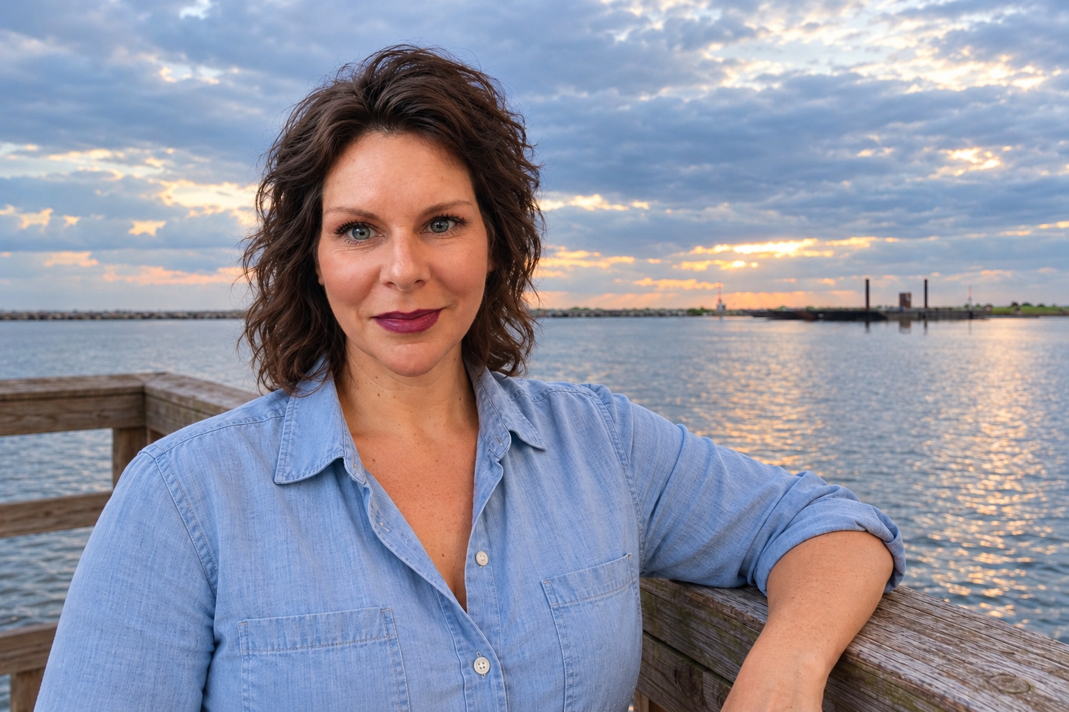 AI portrait of Lyd with wavy shoulder-length hair beside the St. Petersburg waterfront