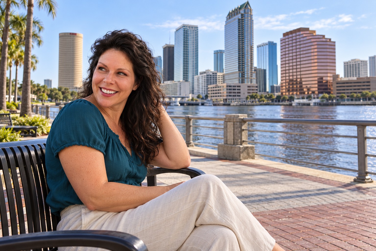 AI scene of a younger Lyd with long dark hair seated by Tampa’s waterfront, smiling toward someone beside the camera
